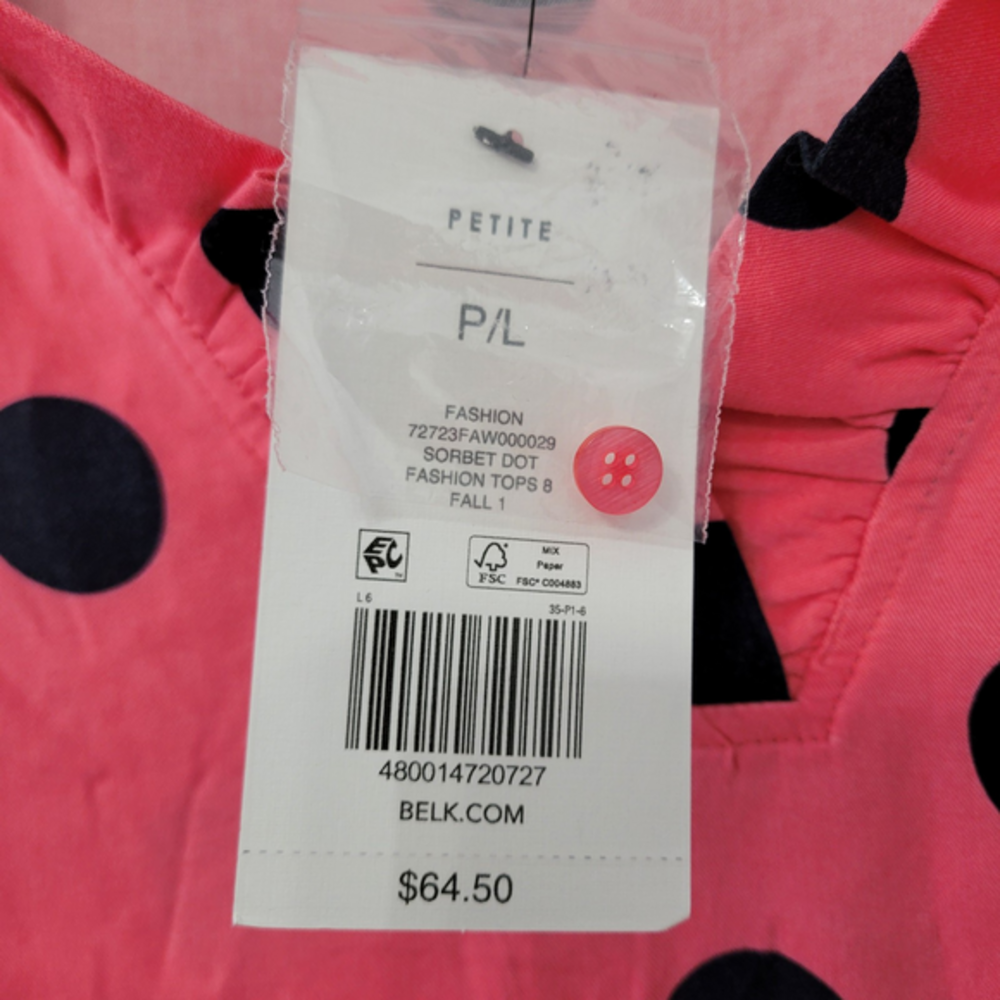 NWT Crown & Ivy Women's Ruffle Trim Pink Polka Dot Blouse Top Size Large Petite - Picture 7 of 11